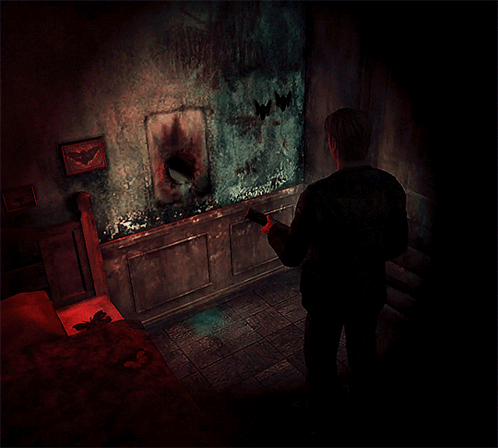 A Man Is Standing In A Dark Room With A Picture Of A Bat On The Wall Behind Him GIF