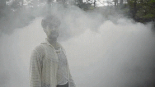 A Man Is Standing In A Foggy Forest And Smiling At The Camera . GIF