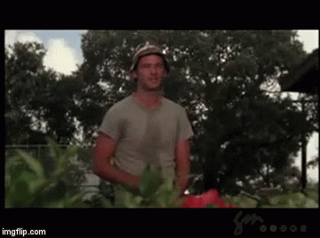 A Man Is Standing In A Garden With A Lawn Mower In His Hand . GIF