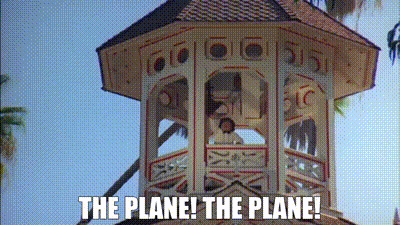 A Man Is Standing In A Gazebo With The Words The Plane ! The Plane ! Below Him . GIF