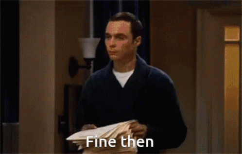 A Man Is Standing In A Hallway With His Hands In The Air And Says Fine Then GIF