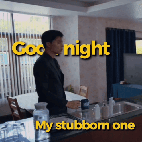 A Man Is Standing In A Kitchen With The Words Good Night My Stubborn One Behind Him GIF