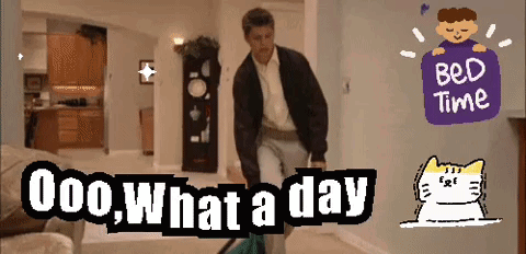 A Man Is Standing In A Living Room With The Words " Ooo What A Day " On The Bottom GIF
