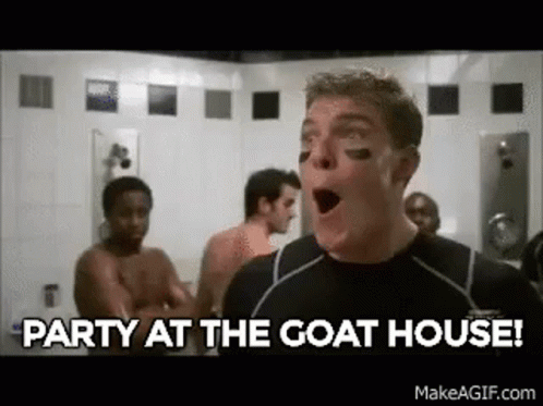 A Man Is Standing In A Locker Room With His Mouth Open And Says `` Party At The Goat House '' . GIF