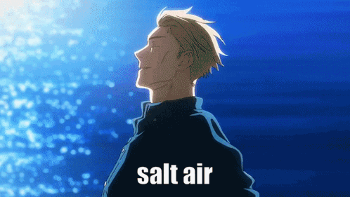A Man Is Standing In Front Of A Blue Background With The Words Salt Air Written On The Bottom GIF