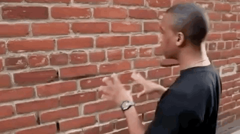 A Man Is Standing In Front Of A Brick Wall And Talking To It . GIF