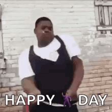 A Man Is Standing In Front Of A Brick Wall Holding A Dog Leash And A Knife . GIF