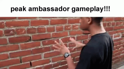 A Man Is Standing In Front Of A Brick Wall Talking To It . GIF