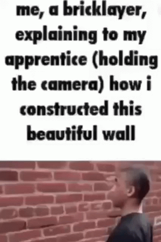 A Man Is Standing In Front Of A Brick Wall With A Bricklayer Explaining To His Apprentice Holding The Camera . GIF