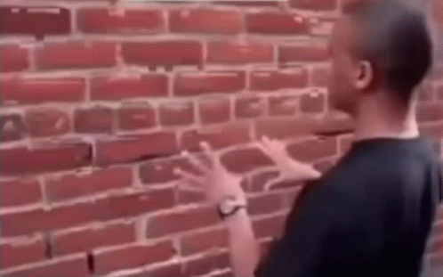 A Man Is Standing In Front Of A Brick Wall With His Hands On It . GIF