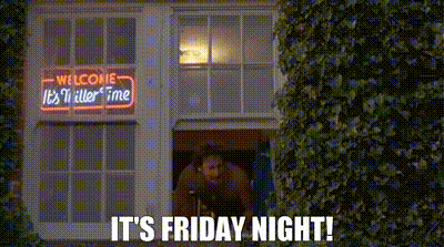A Man Is Standing In Front Of A Building With A Neon Sign That Says `` It 'S Friday Night ! '' GIF