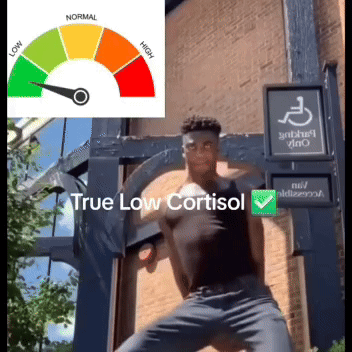 A Man Is Standing In Front Of A Building With A Sign That Says " True Low Cortisol " GIF