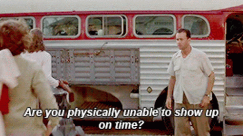 Man Standing In Front Of Bus Asking About Tardiness GIF