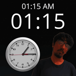 A Man Is Standing In Front Of A Clock That Says 1:15 GIF
