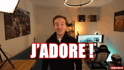 Man Standing In Front Of Computer With J'adore Written GIF
