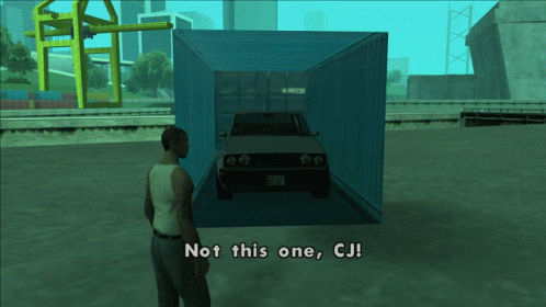 A Man Is Standing In Front Of A Container With The Words Not This One Cj On The Bottom GIF