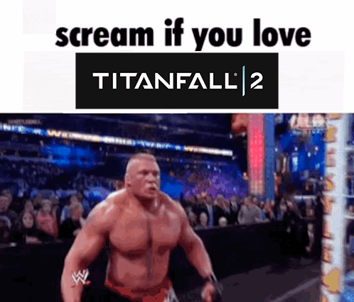 a man is standing in front of a crowd with the words scream if you love titanfall 2 above him .
