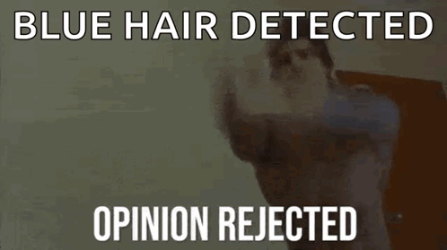 A Man Is Standing In Front Of A Door With The Words `` Blue Hair Detected Opinion Rejected '' Written Above Him . GIF