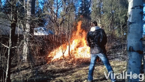 A Man Is Standing In Front Of A Fire In The Woods And The Words Viralhog Are On The Bottom GIF