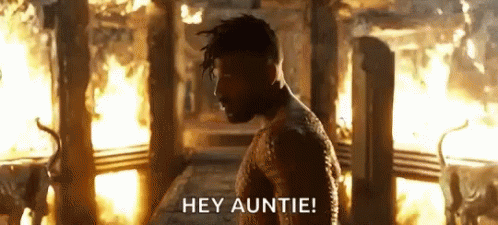 A Man Is Standing In Front Of A Fire With The Words `` Hey Auntie '' . GIF
