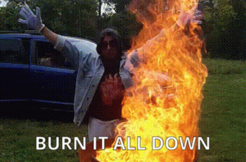 A Man Is Standing In Front Of A Large Fire With The Words `` Burn It All Down '' Below Him . GIF