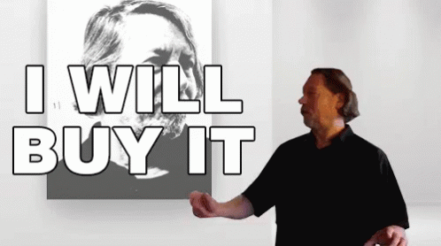A Man Is Standing In Front Of A Picture That Says I Will Buy It GIF