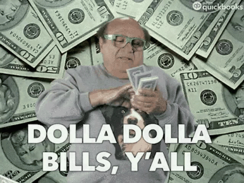 A Man Is Standing In Front Of A Pile Of Money Holding A Dog And Counting Money . GIF