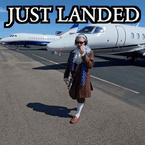 Man In Front Of Plane Saying Just Landed GIF