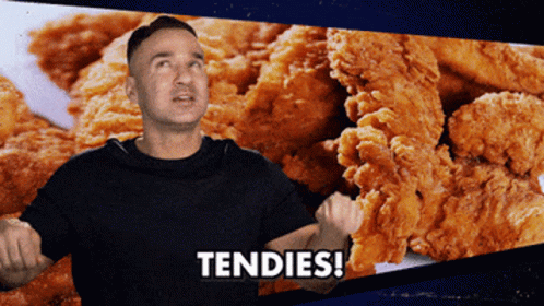 A Man Is Standing In Front Of A Plate Of Fried Chicken With The Word Tendies On The Bottom GIF