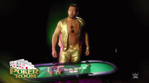A Man Is Standing In Front Of A Poker Table With The Words Duke 'S Poker Room On The Bottom GIF