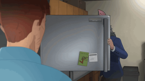 A Man Is Standing In Front Of A Refrigerator With A Note On It That Says " I 'M Sorry " GIF