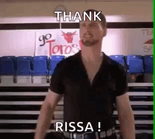 A Man Is Standing In Front Of A Sign That Says Thank Rissa ! GIF