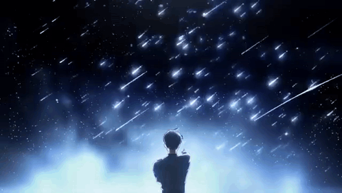 A Man Is Standing In Front Of A Starry Night Sky Looking Up At The Stars . GIF