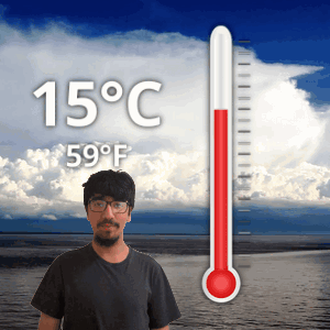 A Man Is Standing In Front Of A Thermometer That Reads 15 Degrees C GIF