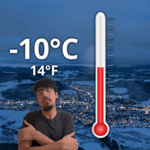A Man Is Standing In Front Of A Thermometer That Says -10 Degrees Celsius GIF