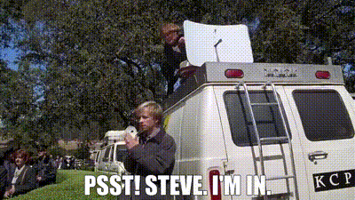 A Man Is Standing In Front Of A Van With The Words Psst Steve I 'M In Written On It GIF