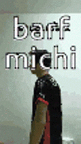 A Man Is Standing In Front Of A Wall With The Words Barf Michi On It . GIF