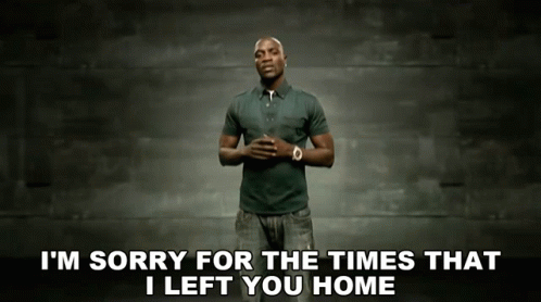 A Man Is Standing In Front Of A Wall With The Words I 'M Sorry For The Times That I Left You Home Below Him GIF
