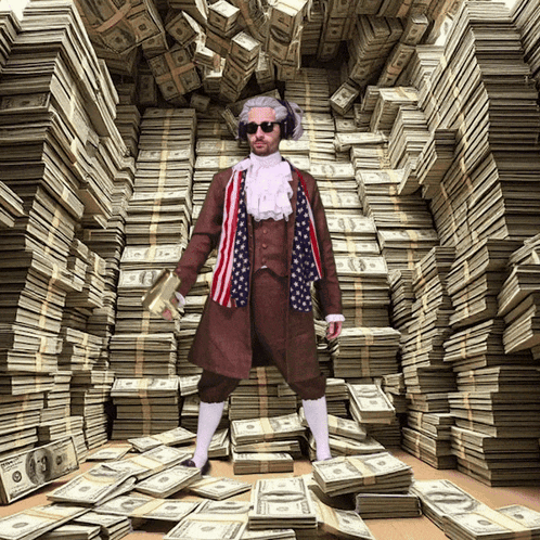 A Man Is Standing In Front Of Stacks Of Money With One Of The Stacks Saying 100 GIF