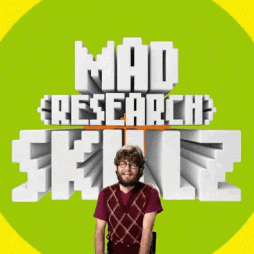 A Man Is Standing In Front Of The Mad Research Skillz Logo GIF