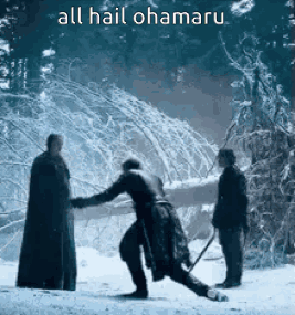 A Man Is Standing In The Snow With A Sword In His Hand And Another Man Is Standing Behind Him . GIF