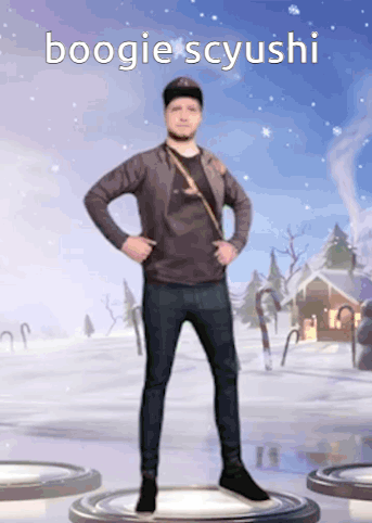 A Man Is Standing In The Snow With His Hands On His Hips And The Words Boogie Scyushi Written Above Him GIF