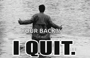 A Man Is Standing In The Water With His Arms Outstretched And The Words `` Your Back ? I Quit '' . GIF