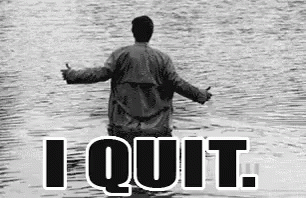 A Man Is Standing In The Water With The Words `` I Quit '' Written Above Him . GIF