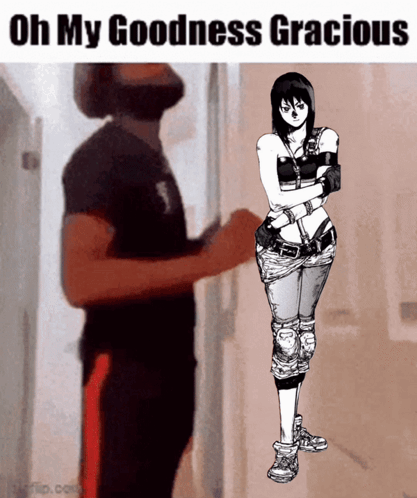 A Man Is Standing Next To A Drawing Of A Girl With The Words Oh My Goodness Gracious GIF