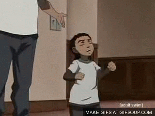 A Man Is Standing Next To A Little Boy In A Room And Holding His Hand Out . GIF