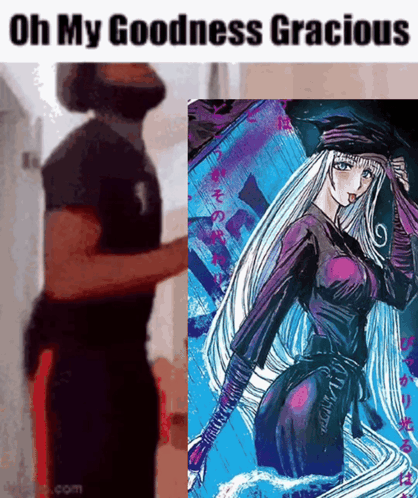A Man Is Standing Next To A Picture Of A Woman With Long White Hair And A Caption That Says Oh My Goodness Gracious GIF