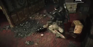 A Man Is Standing Next To A Skeleton In A Room With Blood On The Floor . GIF