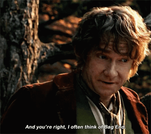 A Man Is Standing Next To A Tree And Says " And You 'Re Right , I Often Think Of Bag End . " GIF