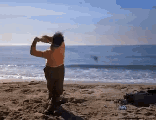 A Man Is Standing On A Beach Looking Out To The Ocean . GIF